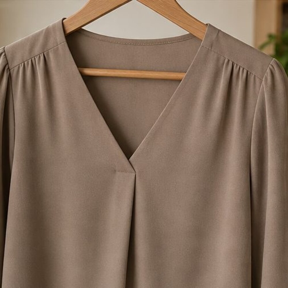 Taupe Crepe V Neck Blouse - Picture 4 of 6